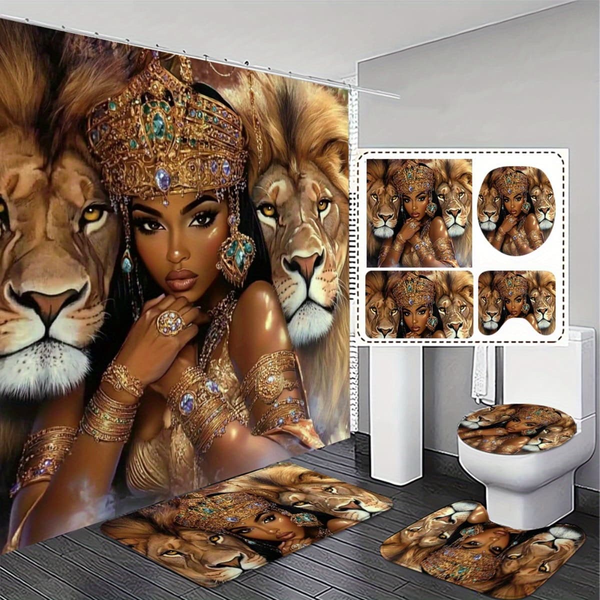 TEMU 2d Flat, 2d Flat, 1/3/4pcs, Lion Themed 2d Curtain And Non-slip Bathroom Set - Add Luxury And Style To Your Bathroom Exquisite And Decoration Gift