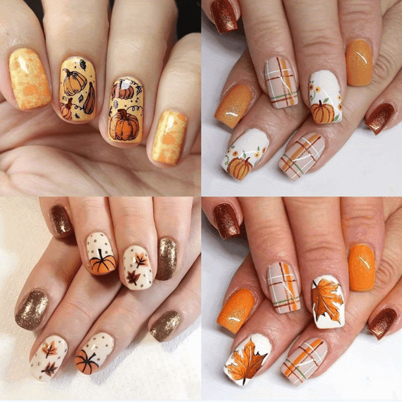 TEMU Set Of 96 (4 Packs) Of Thanksgiving-themed Short Oval Fake Nails Featuring Autumn And , Perfect For Women's Nail