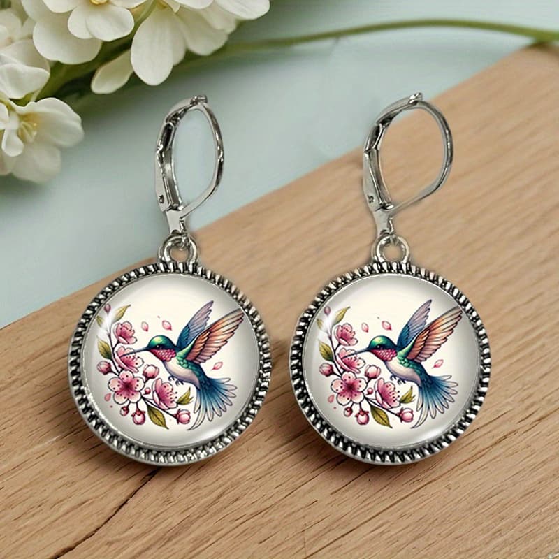 TEMU A Pair Of Vintage Round Glass Earrings Featuring Cherry Hummingbirds, Without Battery