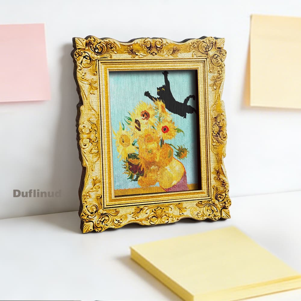 TEMU Duflinud Van Sunflowers & Jumping Black Cat Magnet - Wood Fridge Magnets Suitable Decor, Vintage Dutch Decoration With Iconic Van , Artificial Wood Back For Refrigerator Gifts For &