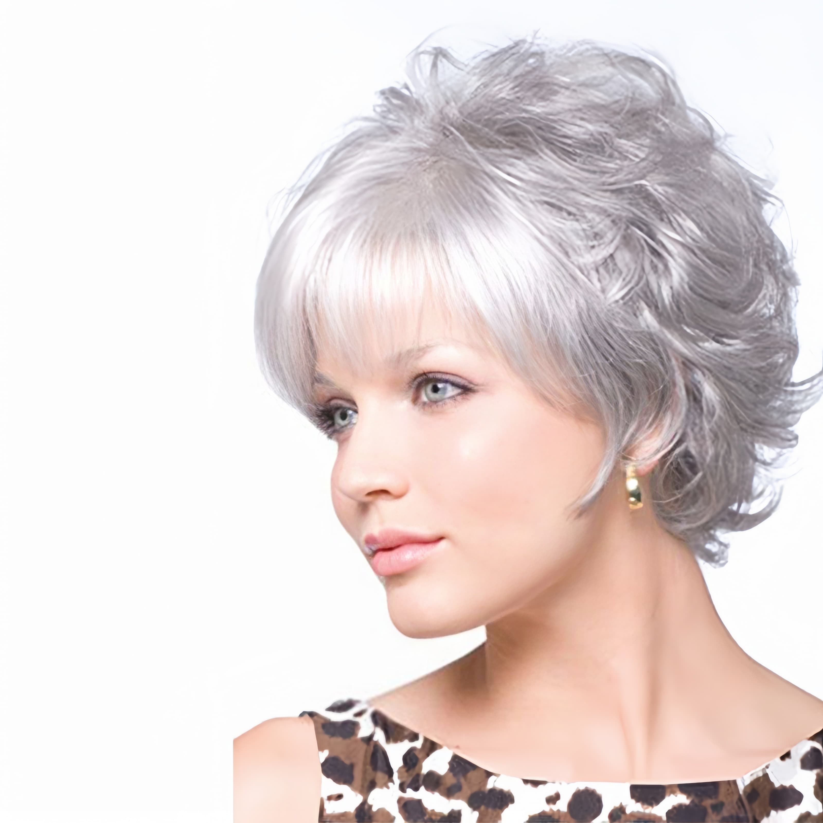 TEMU Short Gray Wig For Women, Featuring Wavy Style And Fluffy Bangs, Ideal For Older Women, Made From Synthetic Fibers, Use And Party Costumes