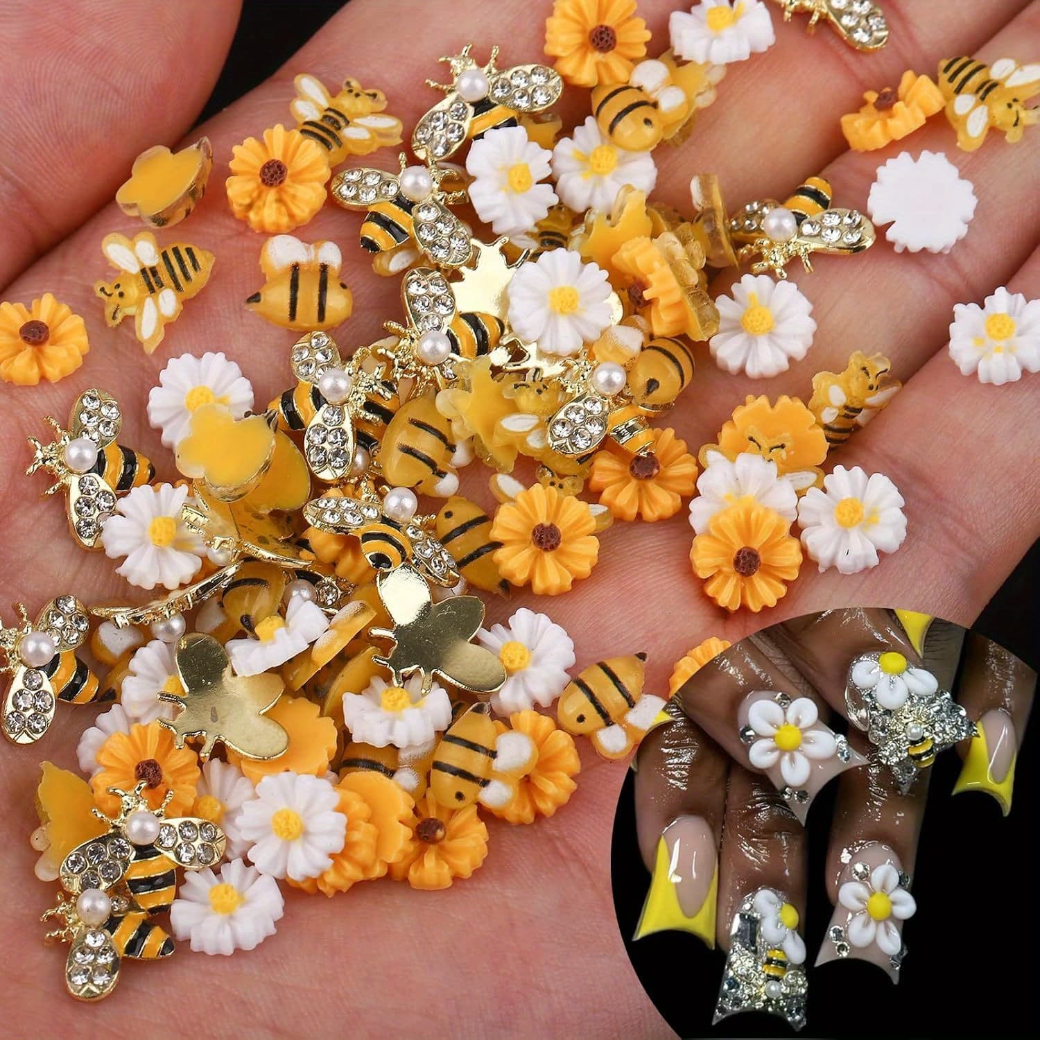 TEMU 180pcs Nail Art Charms Resin Cartoon Daisy Flower Nail Gems 3d Golden Alloy Bees Jewelry Charms For Nails, Spring Summer Daisy Sunflower Nail Rhinestones For Women Diy Nail Decoration