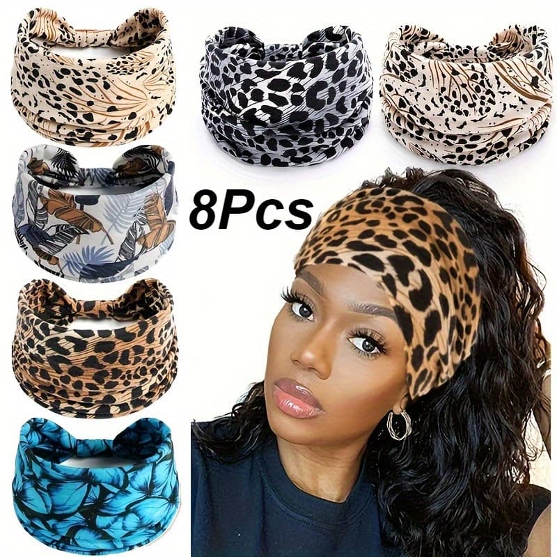 TEMU 4/ 8pcspack Bohemian Ethnic Style Printed Women's Leopard Print Headband, African Retro Elastic Elastic Sports Headband, Daily Minimalist Dressing Hair Accessories