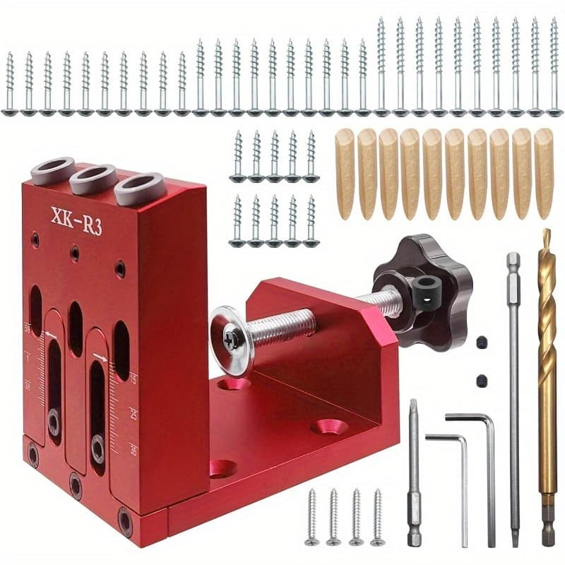TEMU Pocket Hole Jig Kit Adjustable Jig With 3 Drilling Guides For 15° Angle Hole Drilling Pocket Tools Locator For Carpenters, Jointers, And Carpentry Professionals (red)