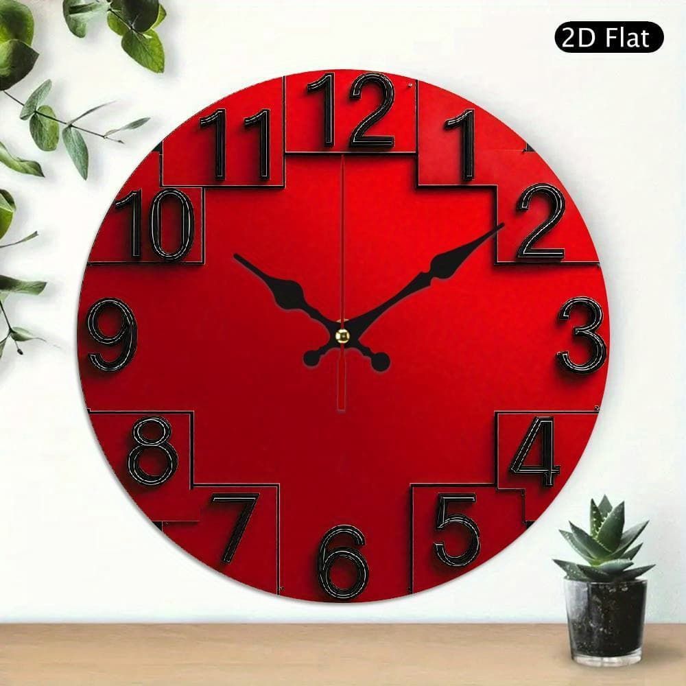 TEMU 1pc Modern Red Silent Non-ticking Wall Clock With & Numbers - Round Wood Frame Battery-powered Minimalist Face Clock Suitable For Living Room, - 10inch (aa Battery Not Included), 2d Flat