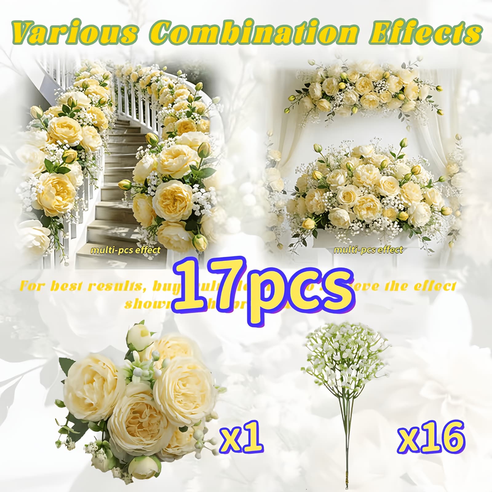 TEMU 17 Yellow Artificial Peony And 's Breath Bouquets (488 ), Elegant Faux Flowers For Thanksgiving, , Harvest, Graduation, Wedding Arch And Home Decor