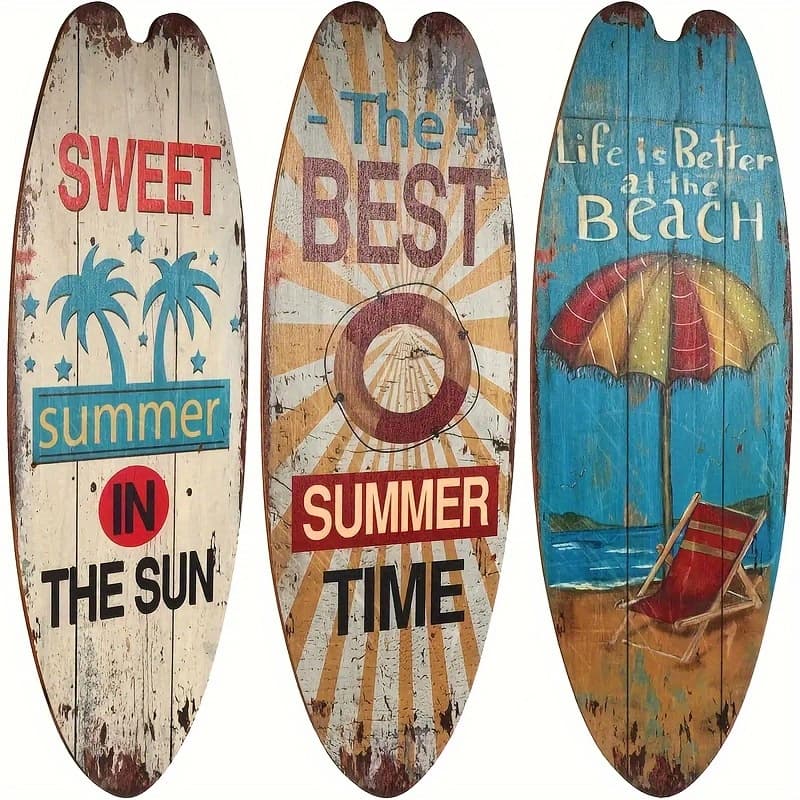 TEMU 2d Flat, 3pcs Beach-themed Surfboard Decor Suitable For Living Room, Bedroom, Bathroom - Vintage Surfboard With Palm Tree & Summer Quotes, Artificial Decorations, 2d Flat