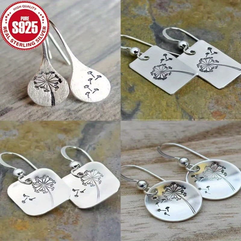 TEMU 4 Pairs Of S925 Bohemian Retro Rectangular, Circular, Square, Teardrop Shaped Dandelion Earrings, Women' And Fashionable Earrings, Hypoallergenic.