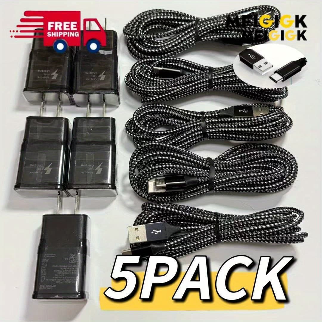 TEMU Mfigigk 5pcs Lot Adaptive Fast Charging Wall Charger 10ft Braided Usb C Cable Black For Galaxy S25 S24 S23 Ultra A15 A13 A03s A53 S22 S21 S20 S10 S9 Phone Us Plug, 110v-130v, 10-20w Output