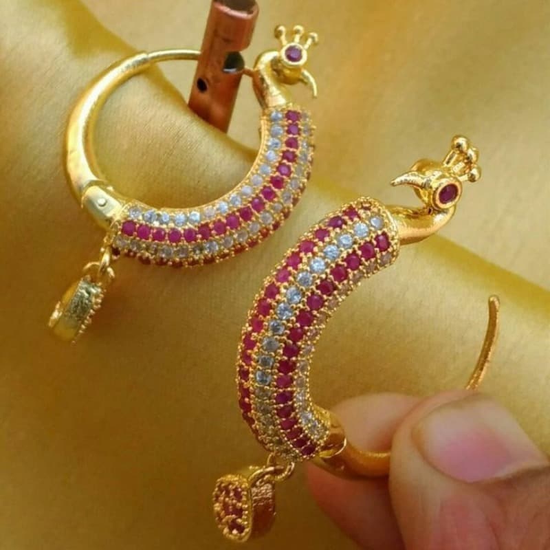 TEMU Luxurious Copper Handmade Phoenix Earrings Set With White Pink Synthetic Zirconia And Golden Hoop Earrings