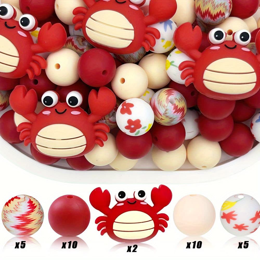 TEMU 32pcs 3d Silicone Beads 15mm - Color-printed Cartoon Design With White Eyes & Red Legs, Ideal For Making, Pen/ Keychain/ Necklace/ Bracelet Decorations
