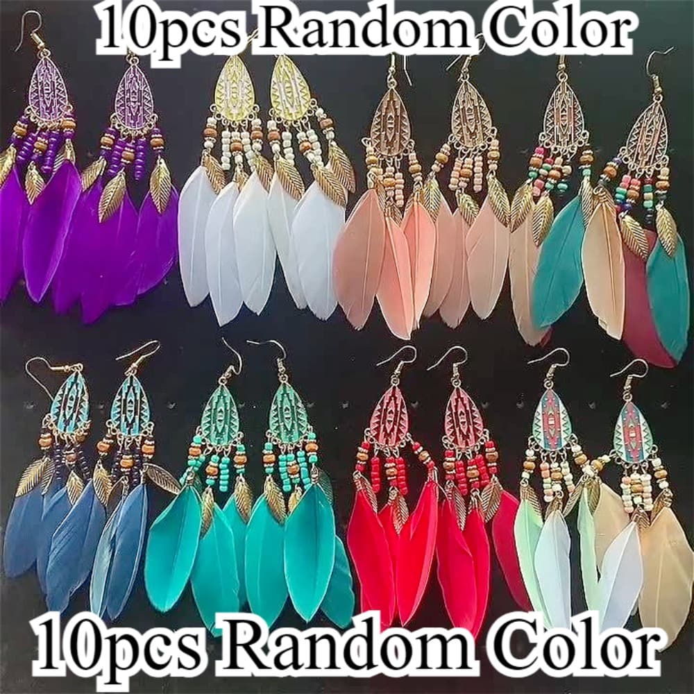 TEMU 10pcs/5pairs/set Random Color Bohemian Feather Earrings Set Ethnic Travel Retro Tassel Earrings For Holidays, Festivals, Parties, Weddings, Christmas