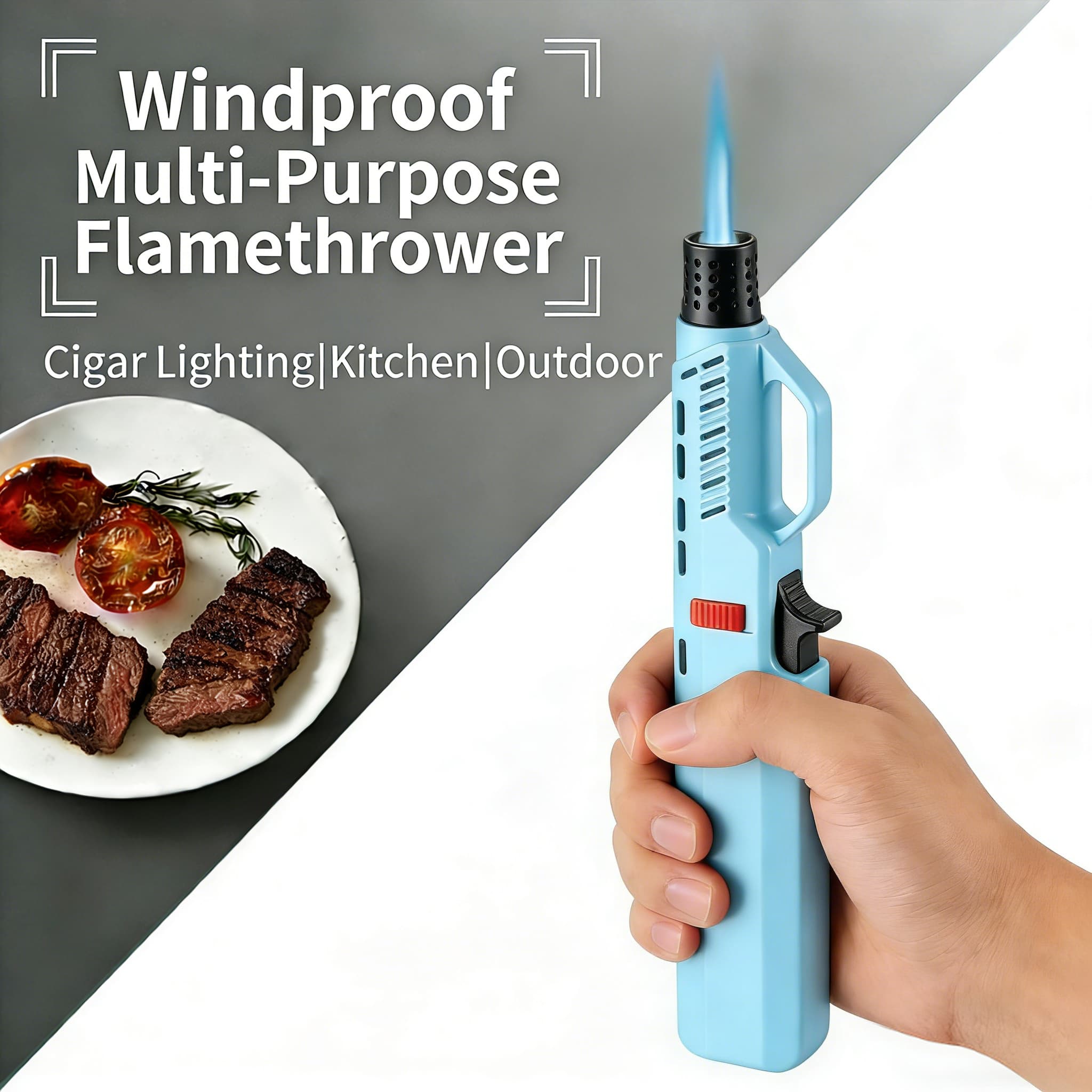 TEMU (butane Not Included) Windproof Lighter With Adjustable Blue Flame - - For Bbq, Camping & Kitchen - Gift Box Included