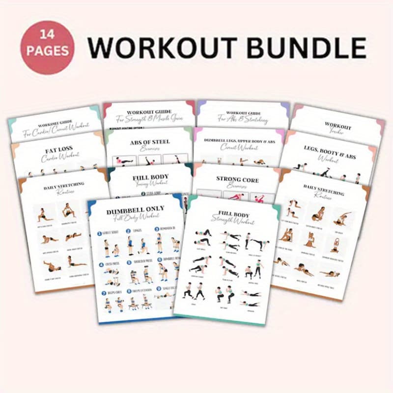 TEMU [2d Flat] 14pcs Full Workout Bundle - Fitness Guide With 8*10" Unframed Papers, Complete Set For Home Workouts, Including Yoga, Pilates, Strength Training & Aerobic Exercises