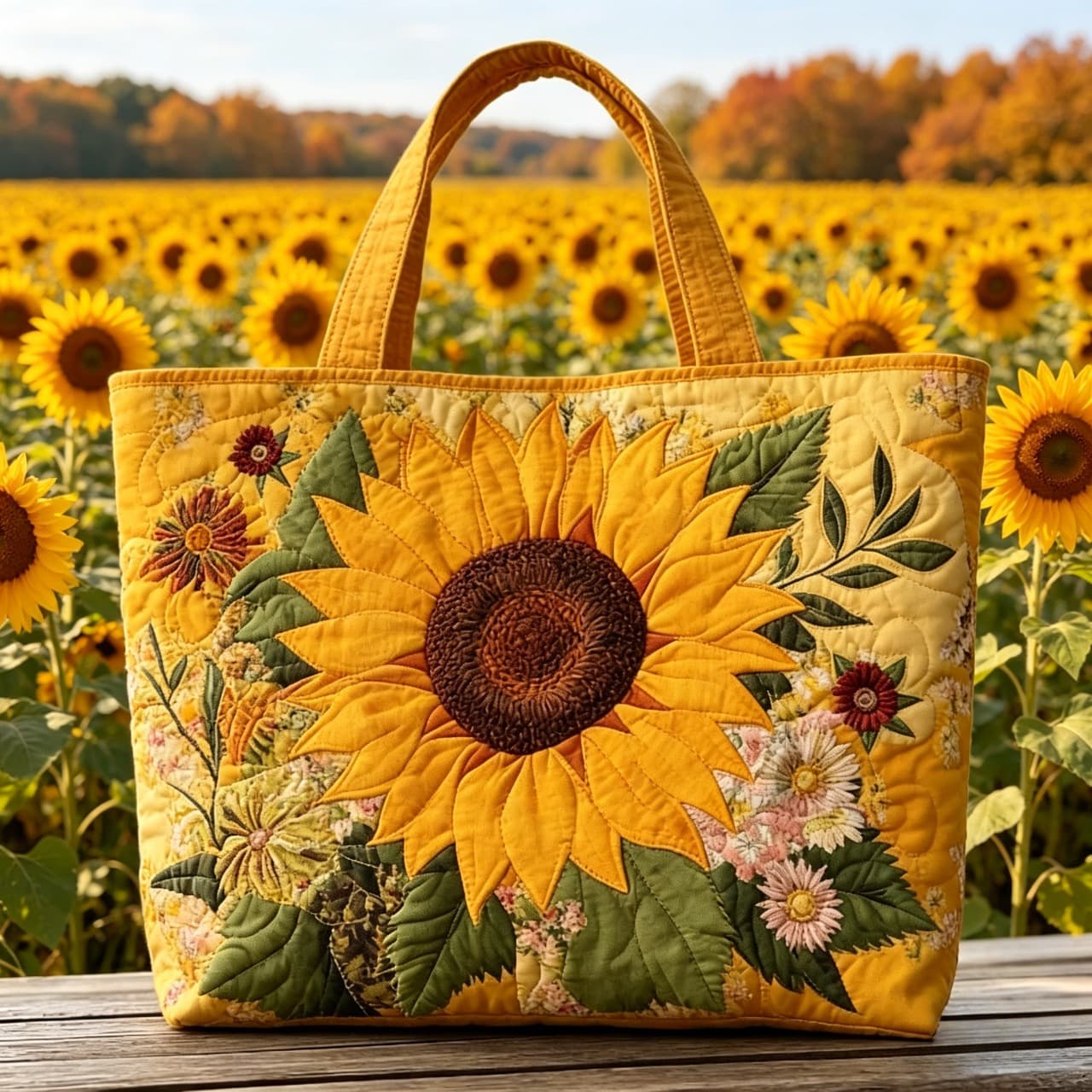 TEMU Quilted Sunflower Tote Bag, Vintage Boho Floral Tote Bag, Large Capacity Women's Shoulder Bag, Suitable For Shopping, Beach, Travel And Daily Commuting