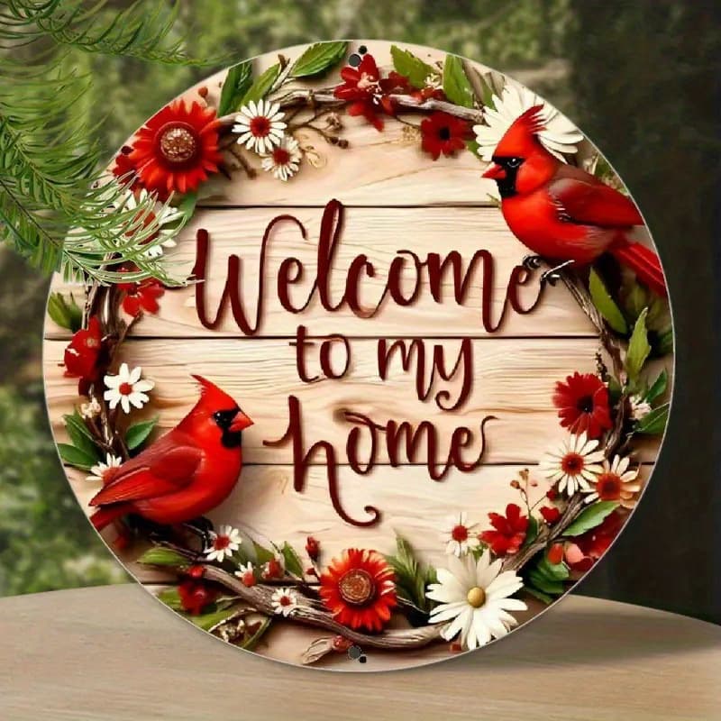 TEMU 2d Flat, Rustic Welcome To Wall Sign- 8x8 Inch Aluminum Round Decor With Vibrant Red & Floral Wreath For Porch, Garden, And Entryway, Entryway Decoration| Decor| Durable Aluminum, Decor