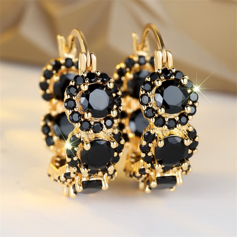TEMU Luxurious Black Synthetic Zirconia Earrings - Golden Plated Earrings For Women, Ideal For Daily Wear & Gifting, Season Suitable