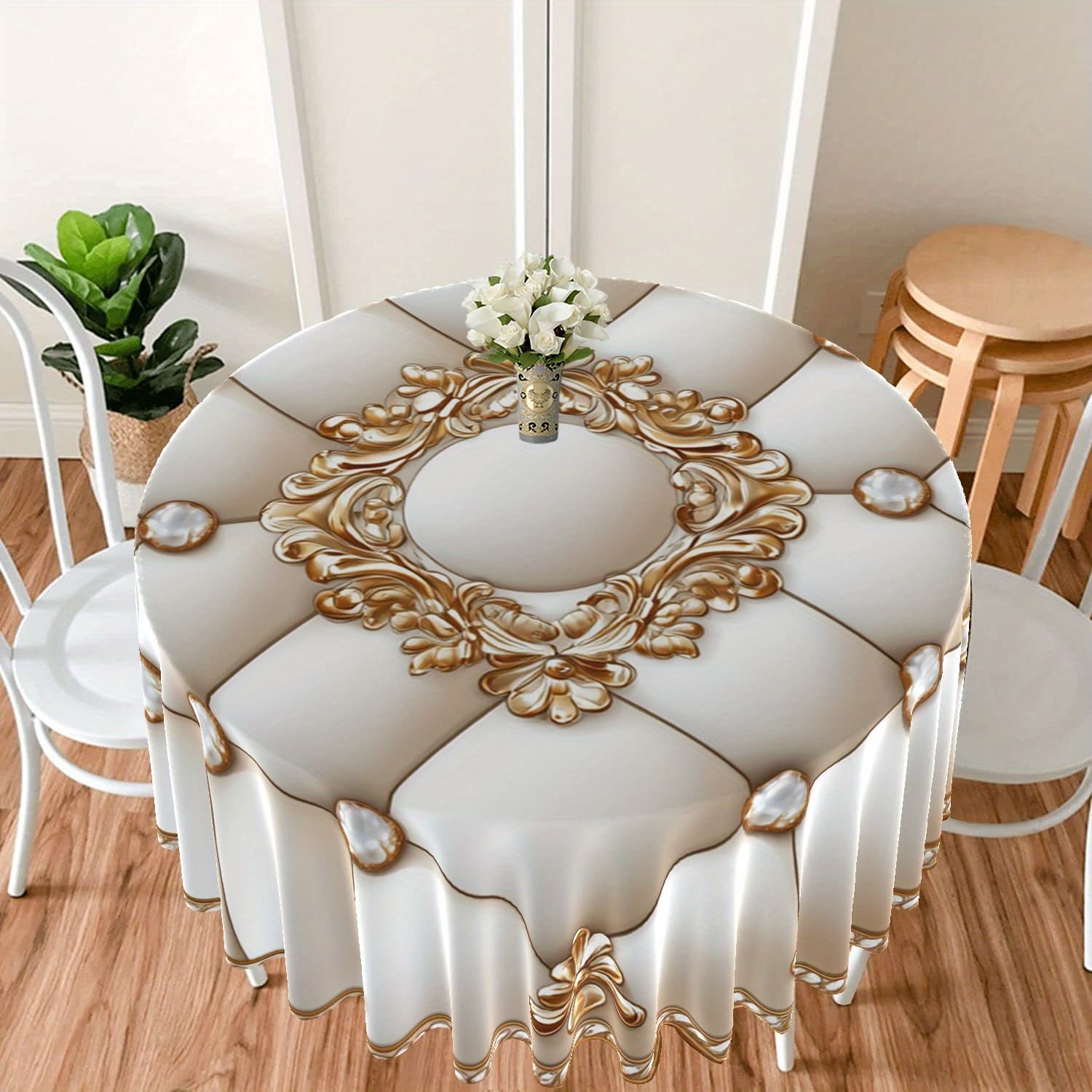 TEMU 1pc European Luxury Round Quilted Tablecloth With Pearl Floral Print - Polyester Table Cover For Kitchen, Dining, Parties, Indoor/ Outdoor Use, Machine Washable, Party Table Decor, Dining Decor