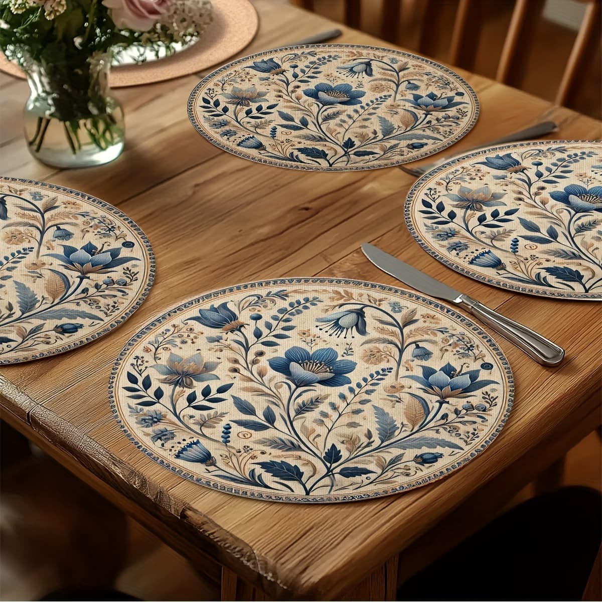 TEMU 4pcs And White Floral Round Placemats, Suitable For Dining Room And Kitchen Decor, Perfect For Festive Meals And Home Decoration, 15x15 Inches, Made Of