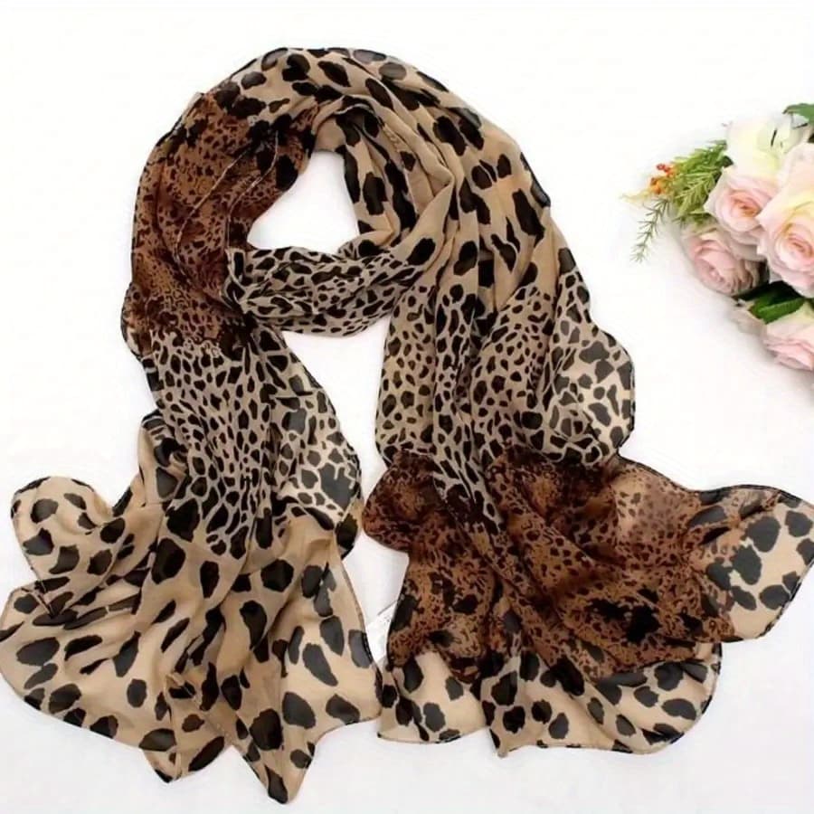 TEMU Elegant 1pc Women' Brown Leopard Pattern Chiffon Printed Scarf, Suitable For Daily Wear And Autumn And Winter