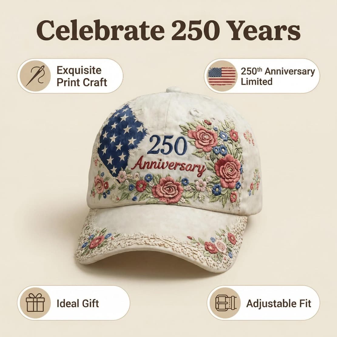 TEMU 250th Anniversary Flower Printed Baseball For Spring And Summer, Fashionable And Versatile Design For Women's Sun Protection Casual Hat, Suitable For Day, Daily Wear