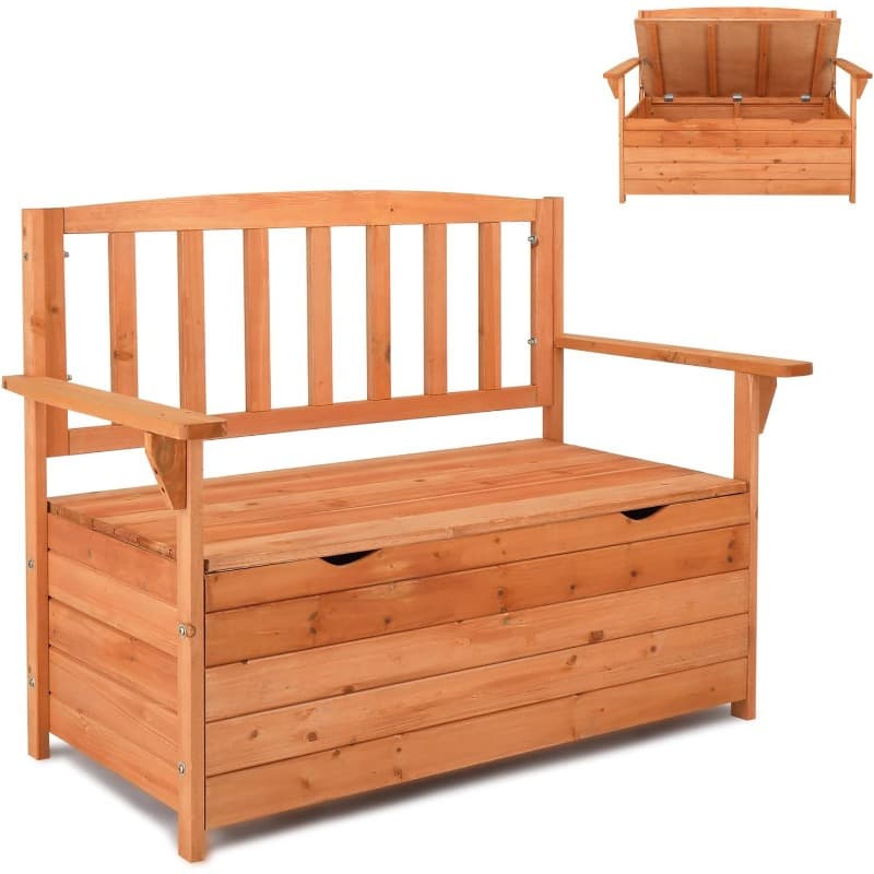 TEMU Jumbo 44" Fir Storage Chest With Backrest And Armrests - Patio Garden Seat And Organiser, Quality Solid Wood Construction, Red - N002