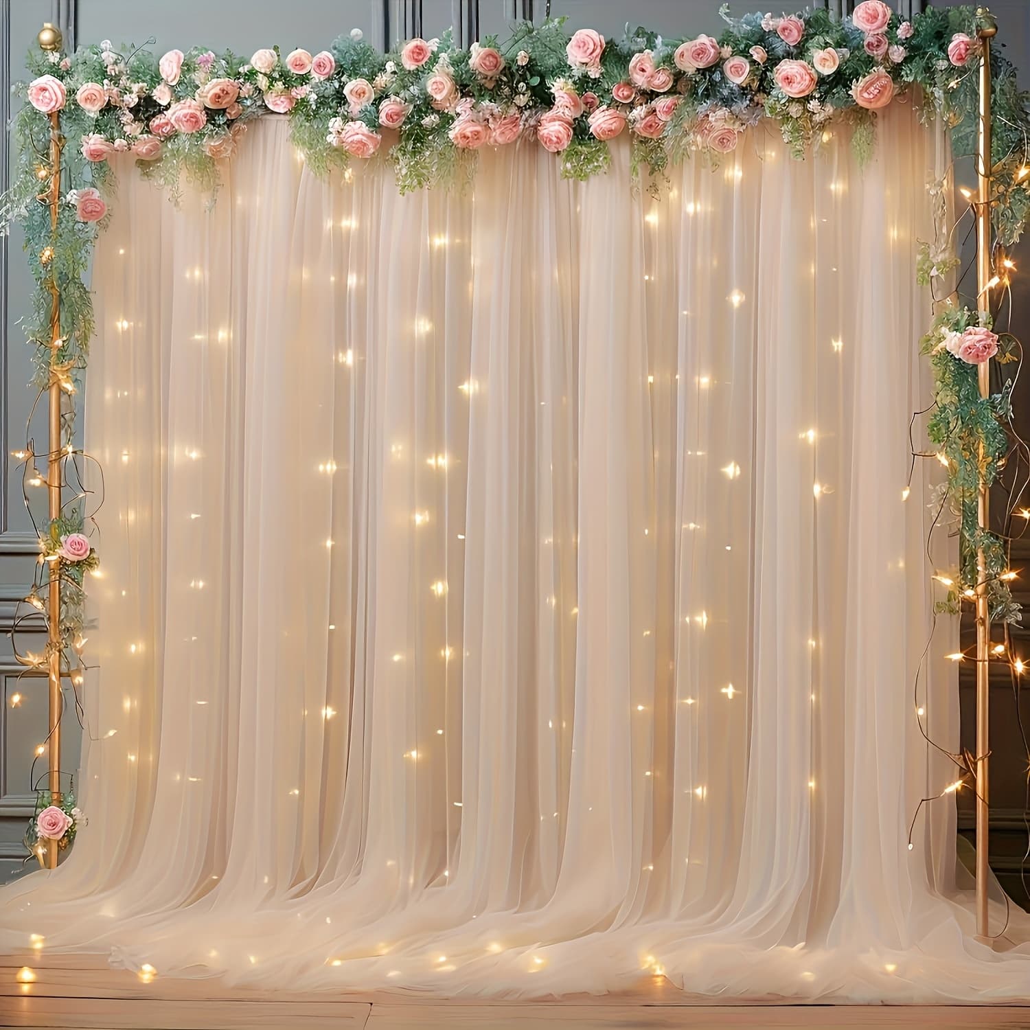 TEMU 2pcs Photo Booth Props 5.2x10ft Tulle Backdrop Non-porous Tulle With String Lights For Party, Sheer Curtain Backdrop Wedding For Party Home Decoration