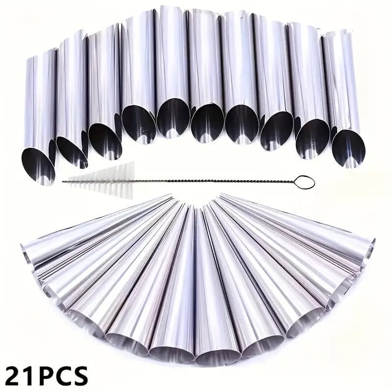 TEMU 21pcs Stainless Steel Cream Horn Mold Set, Durable Multi-functional , Cream Horn, Croissant, Includes Cone Mold And Cleaning Brush, Kitchen Baking Accessories, Christmas Gift
