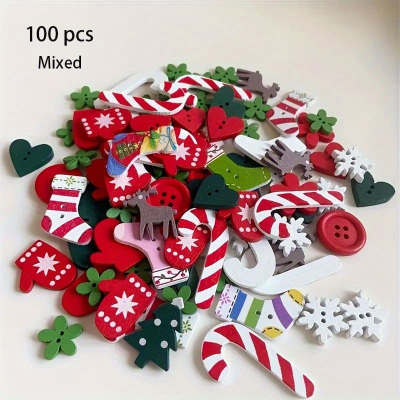 TEMU 100pcs Random Mix Wooden Buttons For Christmas Diy, Mixed Pattern Craft Buttons For Sewing, Scrapbooking, Card Making, & Seasonal Decoration, Creative Handmade Craft Supplies