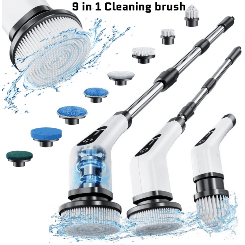 TEMU A Scrubber For Home Use, Featuring 9 Interchangeable Brush Heads, A Of , Adjustable In 3 Sizes, And 2 Speed Settings, Perfect For Cleaning Bathroom Showers, Bathtubs, Glass , And Vehicles