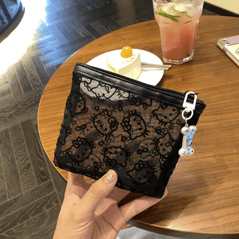 TEMU [ Officially Licensed] 1pc Mesh Hello Kitty Bag With Cute Pendant, Portable & Stylish, Suitable For , Shopping & Travel, Multi-functional As Coin Purse, Earphone Case, Makeup Bag, Storage -in-bag