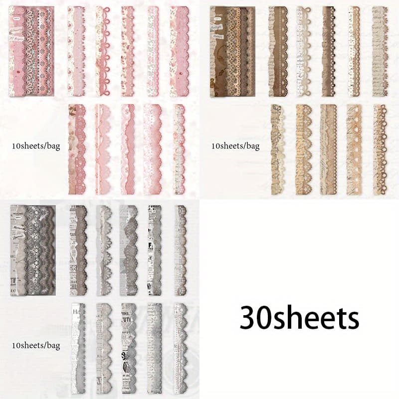 TEMU 30pcs Of Retro Long Lace Stickers, White Paper Hollow Stickers, Suitable For Handbook Creation Materials, Mobile Phone Cases, Photo Frames, Crafts Decorative Stickers