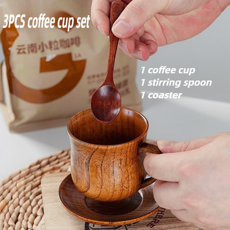 TEMU Japanese Retro Coffee Cup Three-piece Set (1 Coffee Cup + 1 Mixing Spoon + Coaster), Handmade Wooden Cup, Home Set, Water Cup, Milk Cup