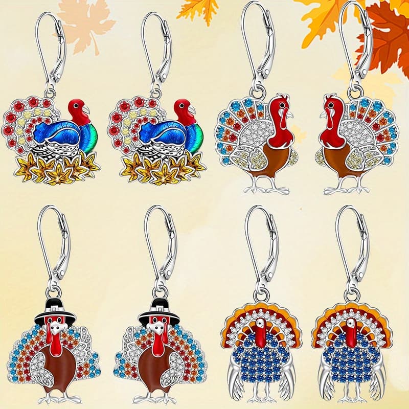 TEMU 4 Pair/set Fashionable And Creative Turkey Pendant Earrings Halloween Christmas Thanksgiving Festival Gift Birthday Party Anniversary Jewelry