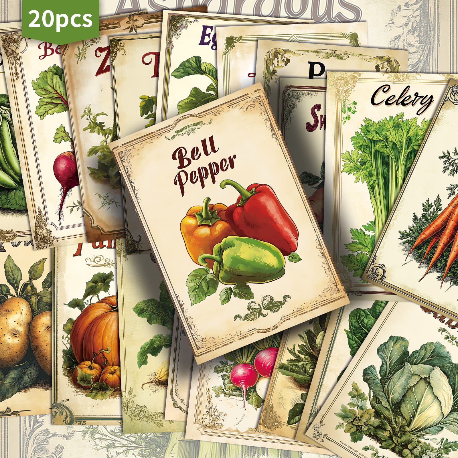 TEMU 20-pack Vintage Vegetable Seeds Postcards - 4x6 Inches Retro Junk Journal Paper, Classic Pinup Illustrations, Collectible Decorative Painting Cards For Scrapbooking And Crafting
