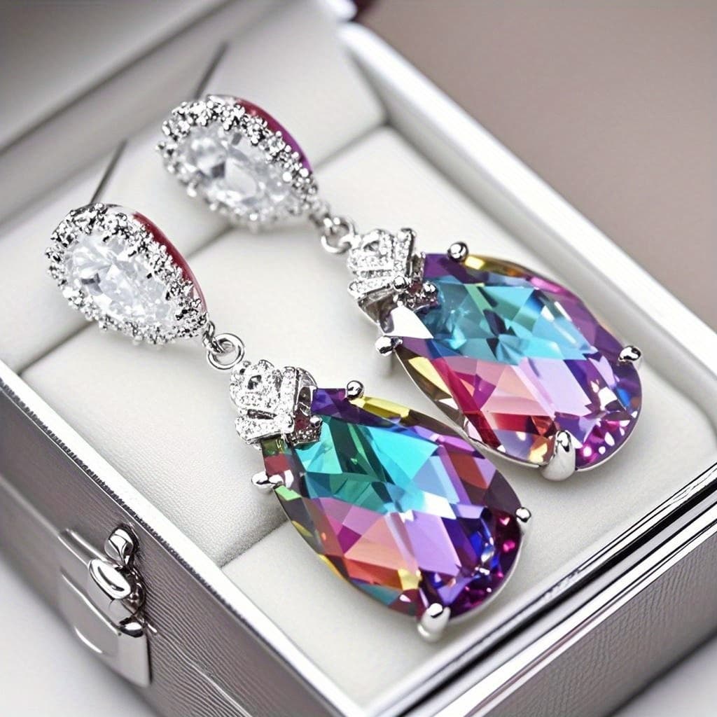TEMU 1 Pair Of Fashionable Luxury Inlaid Sparkling Synthetic Gemstone Design - Women's Hanging Earrings - Suitable For Banquets, Weddings, Parties To Wear - Holiday Gifts