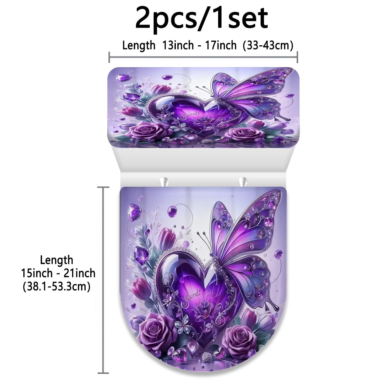 TEMU 2pcs Amethyst Heart Rose Decorative Toilet Seat Cover And Tank Cover Set, 2d Flat Universal Bathroom Decorative Toilet Cloth Set For All , Suitable For All Bathroom