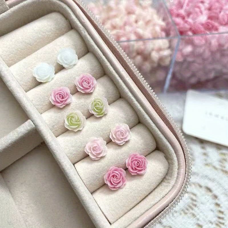 TEMU 5-pair Set Of Japanese And Korean Fashion Simple Sweet Vacation Matching Rose Flower Stud Earrings