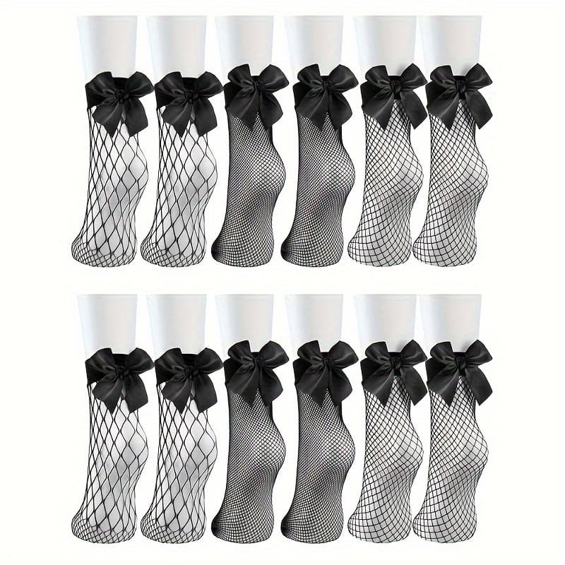 TEMU 6 Pairs Of Black Hollow Mesh Bow Fishnet Socks, Spring And Summer Breathable Sexy Women's Socks, Suitable For Parties, Festivals, And Gifts For