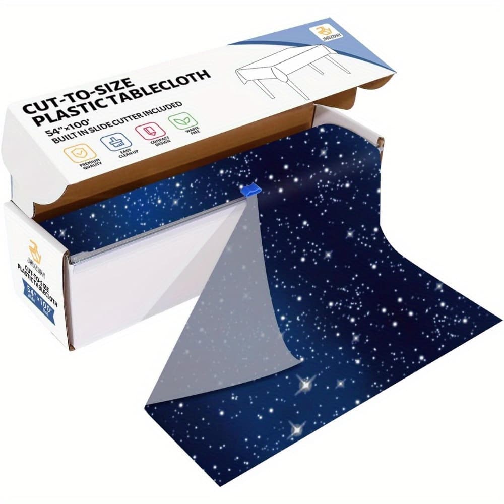 TEMU 54 Inches By 100 Feet Space-themed Table Cover, Featuring A Starry Night Design, Made Of Disposable Plastic With A Sliding Knife, Perfect For Decorations At -themed Party (blue Color)