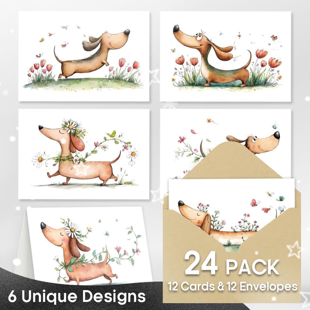 TEMU A Set Of 24 Fun Greeting Cards Featuring Watercolor Floral Designs With Dachshunds, Suitable For Occasions (birthdays, Weddings) - A Humorous Greeting Card Collection