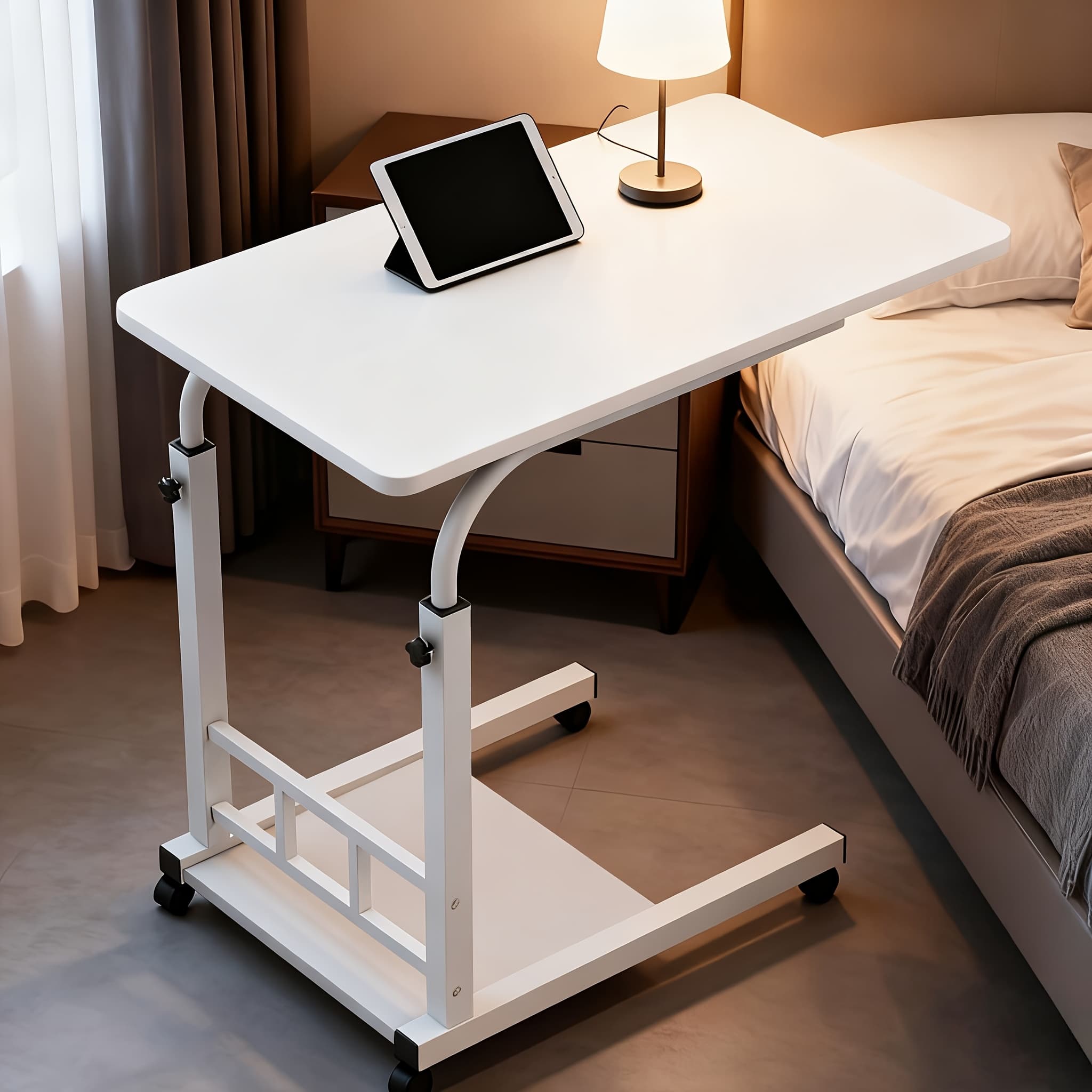 TEMU 5pcs Metal Frame, "adjustable Height Bedside/sofa Laptop Table- Bedside Table With Storage Rack And Lockable Wheels Laptop Stand Table, Portable Workstation For Home Office"