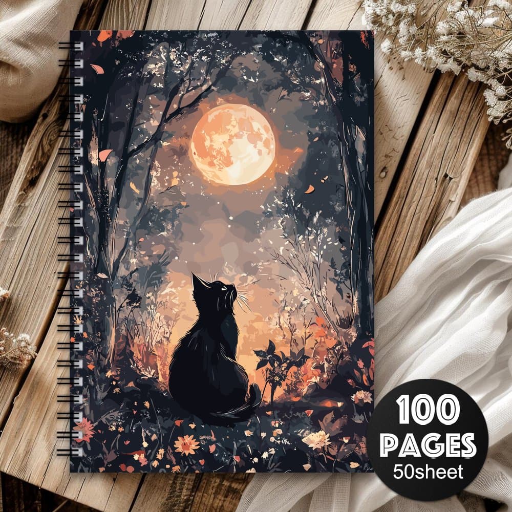 TEMU 1pc Cute Black Cat Spiral Notebook In Moonlight Forest - , High Quality Paper, Perfect Gifts For And Colleagues, Romantic Nature Scenes, And , Ideal For Journaling Or Sketching