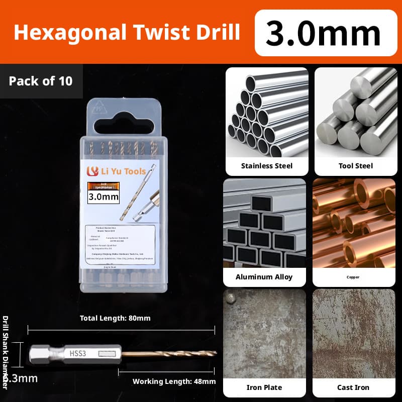 TEMU 10pcs Hexagonal Shank Titanium-coated Twist Drill Bit, Straight Shank Steel, Fully Ground Steel, Special Drill Bit For Aluminum, Iron, And Metal