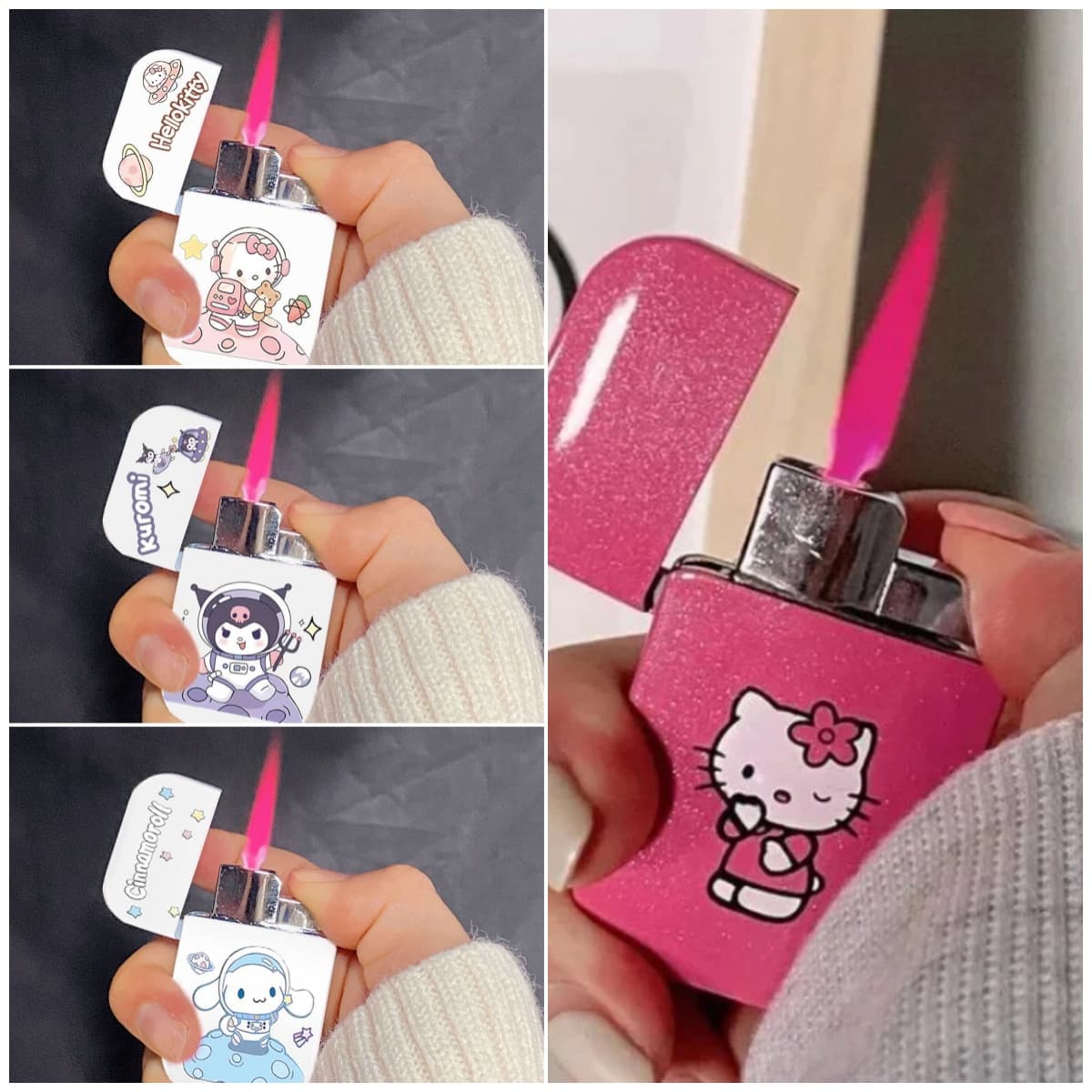 TEMU (without Butane Gas)4pcs Hello Kitty Cute Lighter, Pink Flame Lighter, Portable Cartoon Lighter, Windproof Butane Kuromi Lighter, Cinnamon Dog Lighter, Flame Adjustable, Suit For Bbq Candles Gift