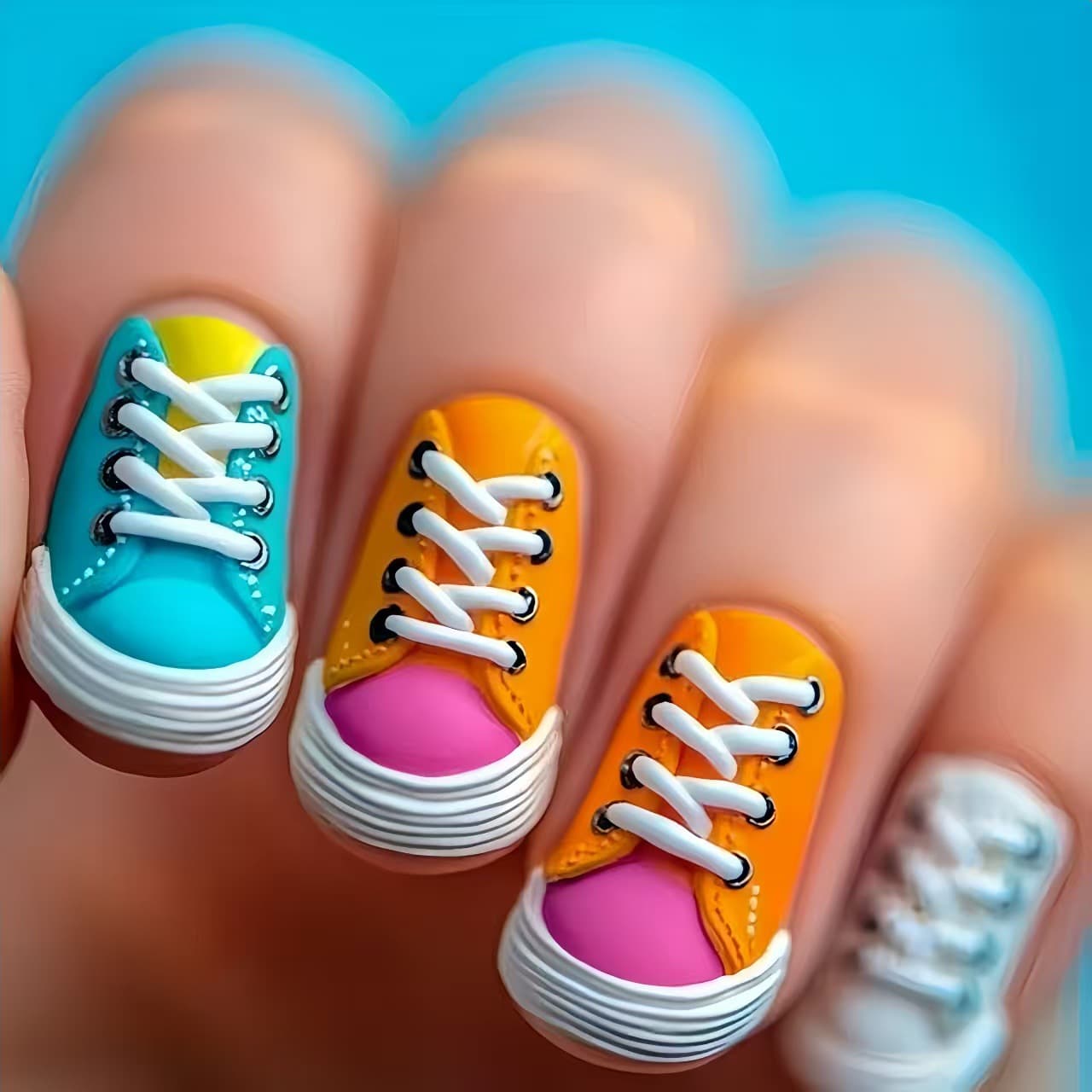 TEMU Set Of 48 Press-on Nails In A Dopamine- , Featuring 3d Sneaker Shoe Charms. Unique And Trendy Multicolored Acrylic Nails Are Ideal For And Summer