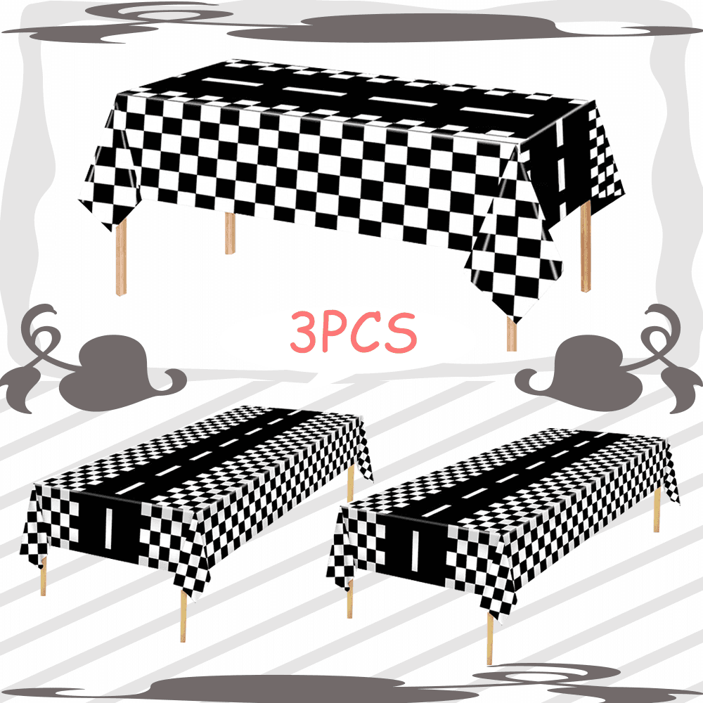 TEMU Set Of 3 Car-themed Birthday Party Table Covers, Measuring 137.16 X 274.32 Cm, Featuring A Black Checkered , Perfect For Decorating A Racing-themed Birthday Celebration