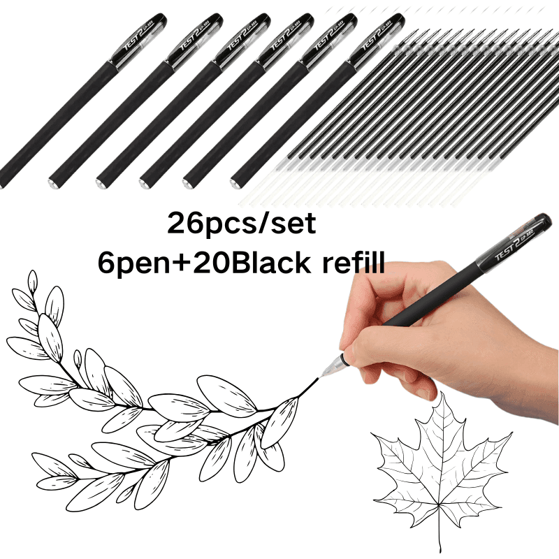 TEMU 26pcs Set Of Quick-drying Gel Pens, 0.5 Mm Fine Tip, Black Ink - Perfect For Office And Everyday Use (6 Pens + 20 Refills)