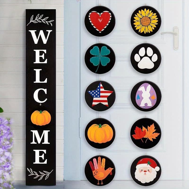 TEMU Welcome Sign For Front Door, 47 X 7.9 Wooden Sign With 10 Interchangeable Icons For Porch Standing, Farmhouse Seasonal Decor