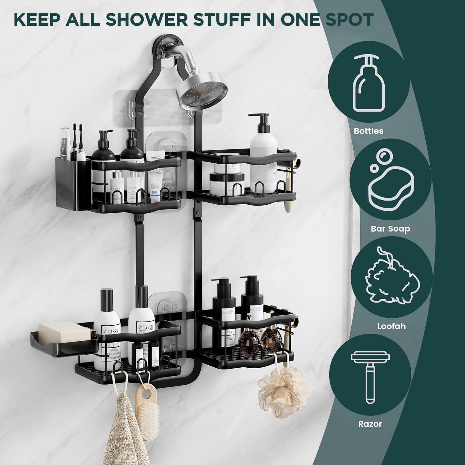 TEMU Hanging Shower Caddy, Rust-resistant Organizer For Inside The Shower, Overhead Rack With Soap Compartment And Razor Hooks, No Drilling Required For Bathroom Shelving And Storage, Shower Caddies
